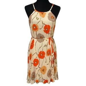 Ellames Orange Floral Pleated Swing Dress Retro Poppy Print Belted Medium